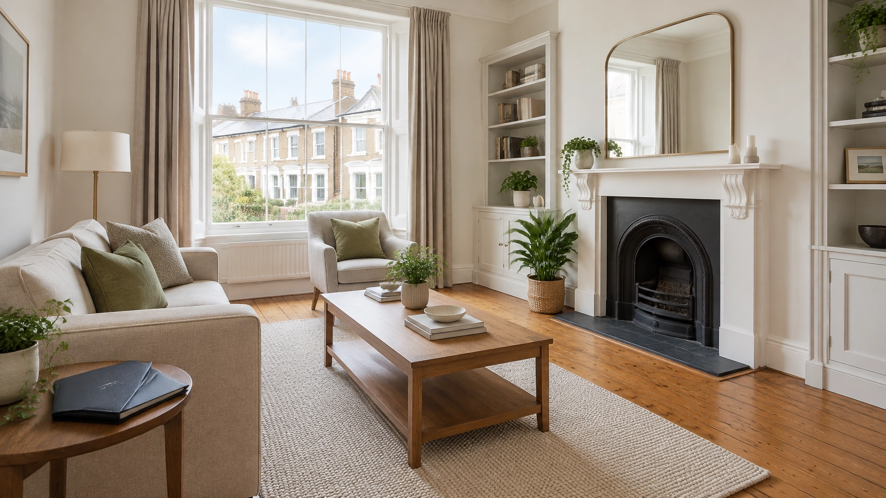 A bright, orderly living room in a well-maintained rental property